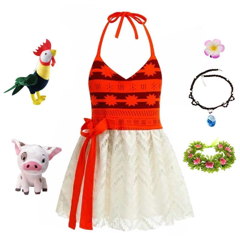 

New Movie Moana 2 Dress for Girls Adventure Costume Girl Princess Fancy Clothes Children Vaiana Carnival Party Necklace Pig Set