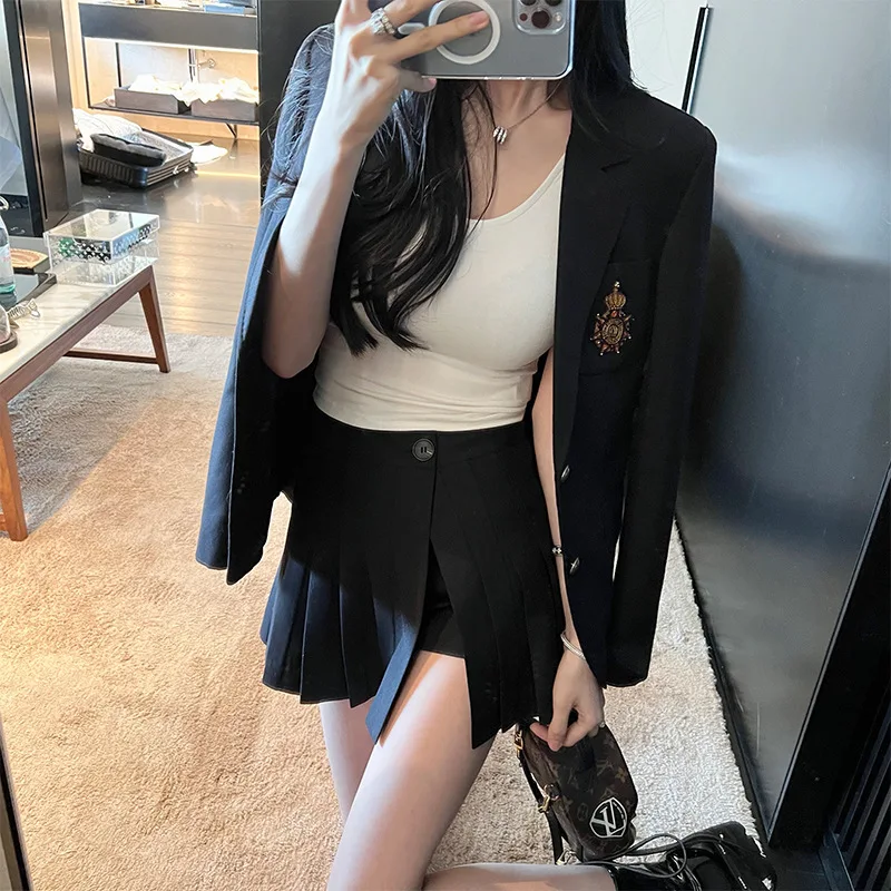 Suit Jackets Women's 2024 Spring and Autumn New Fashion Wool Badge Lapel College Style Long Sleeve Graceful Blazers Coat