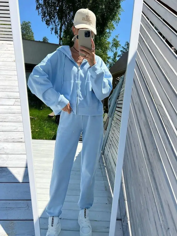 

Casual Ladies Long Sleeve Zipper Hoodie Elastic Waist Pants Two Piece Set Comfortable Breathable Polyester Fiber Spring Autum...