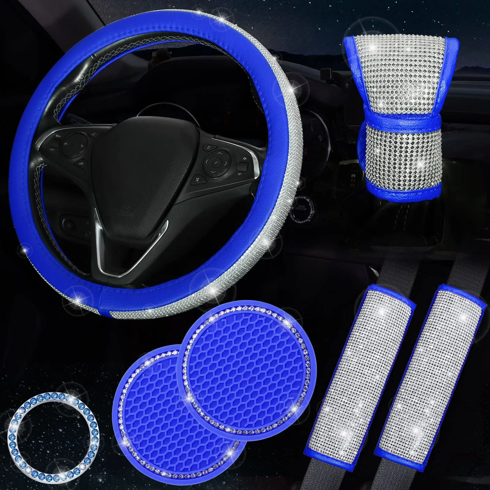 

Bling Crystal Rhinestone Car Interior Accessories Set – Blue Steering Wheel Cover, Seatbelt Pads, Gear Shift Boot, Push Start
