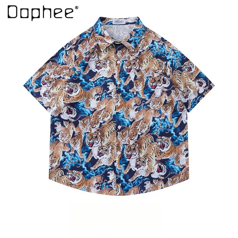 

Summer New Men's Retro Tiger Print Short Sleeve Shirt Casual Loose Streetwear Button Down Top for Daily Wear and Vacation
