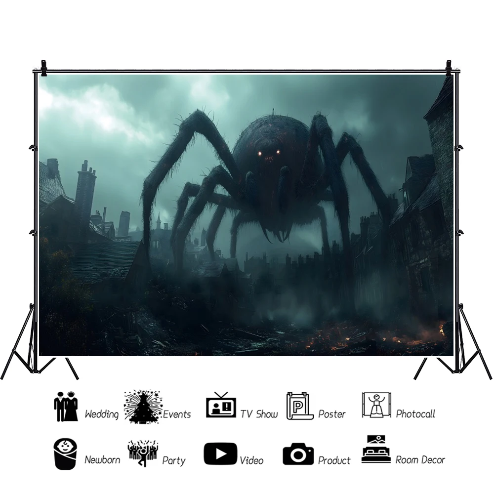 خلفية الهالوين الرعب الليلية العنكبوتية منزل خشبي مُعدل شارع رمادي السماء 2025 خلفية للتصوير الفوتوغرافي لحفلات الهالوين