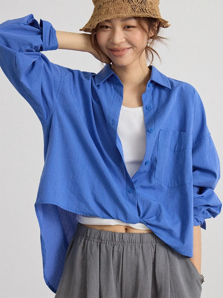 

Женская деловая повседневная рубашка с длинным рукавом из хлопка, свободного кроя, с имитацией двухслойности (имитация топа-майки), в полоску, для офиса и повседневной носки.