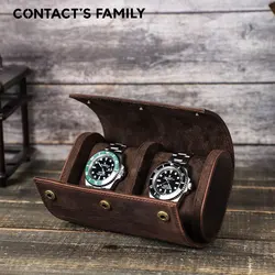 CONTACT'S FAMILY Vintage Genuine Leather 2 Slots Watches Case Travel Portable Watch Holder Display Organizer with Metal Buttons