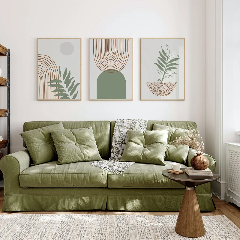 3PCS--3PC Nordic Sage Green Botanical Posters Prints Pictures Abstract Boho Geometric Wall Art Canvas Painting for Room Home
