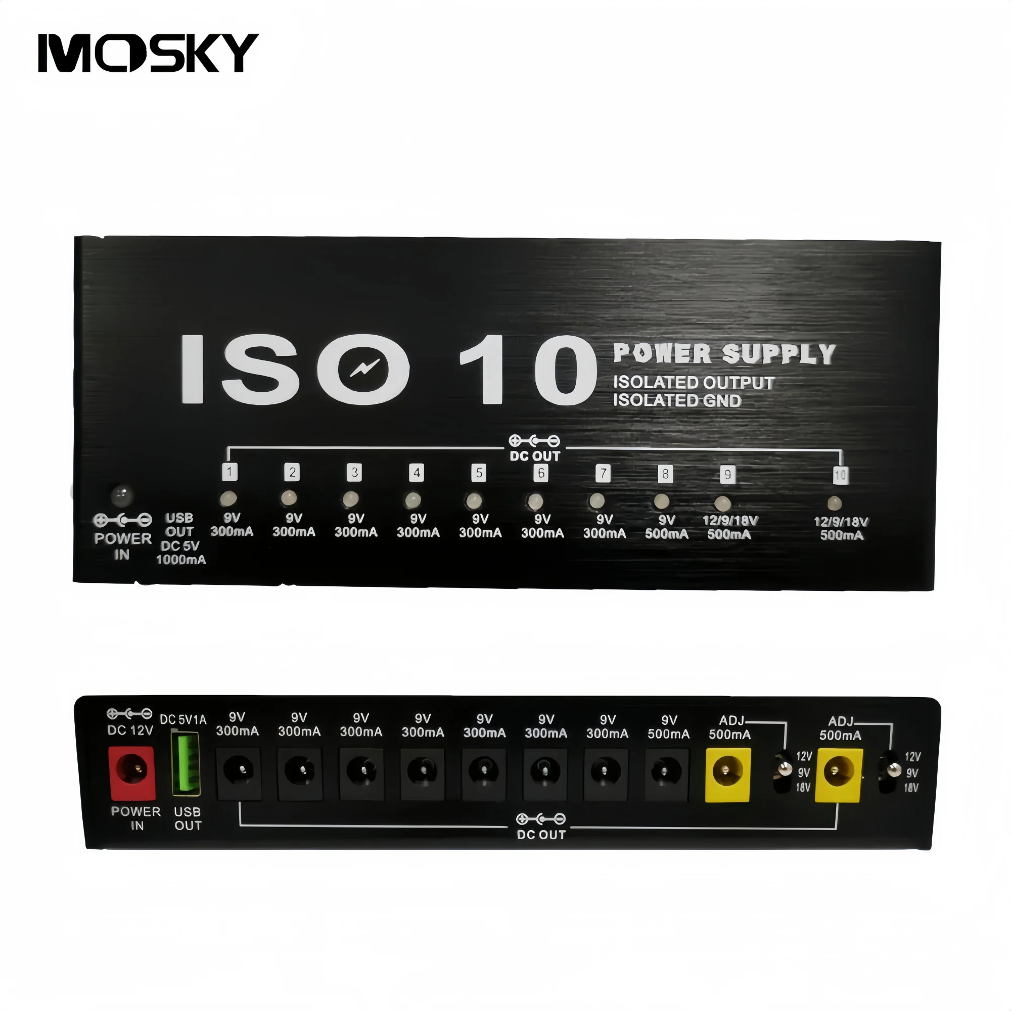 MOSKY ISO-10 10-Output Isolated Power Supply for Guitar Pedals 5V USB Charging Output 9V/12V/18V Protection for Stage Studio