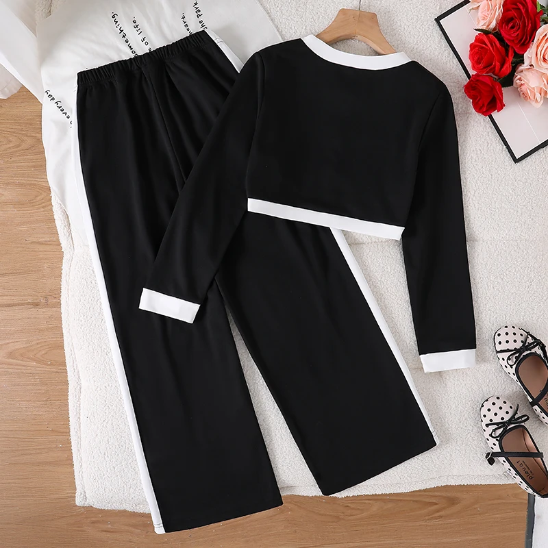 Teen Girls Black White Color Block Suit, Round Neck Pocket Decor Long Sleeve Blouse And Loose Straight Casual Trousers 2