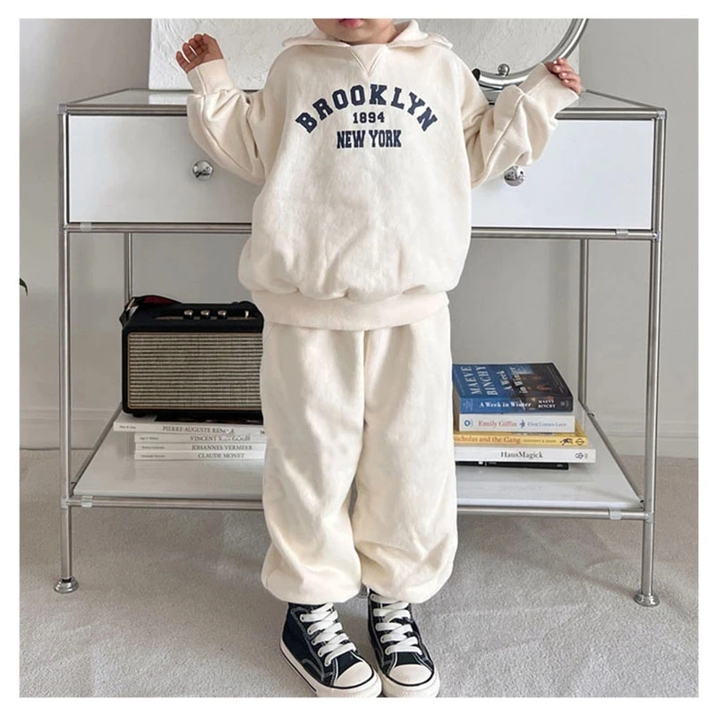 Korean Kids Autumn Hoodie Set Boys Girls Letter Pattern Turn-down Collar Sweatshirt Pants 2 Pcs Sets Outfit Children Tracksuit