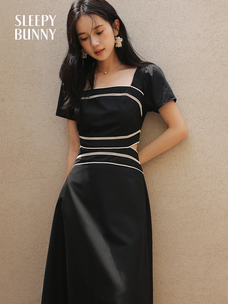 Robe longue en dentelle ajourée pour femmes, élégante, noire, Slim, ligne a, manches courtes, découpe de la taille, Patchwork, robe de soirée formelle, été