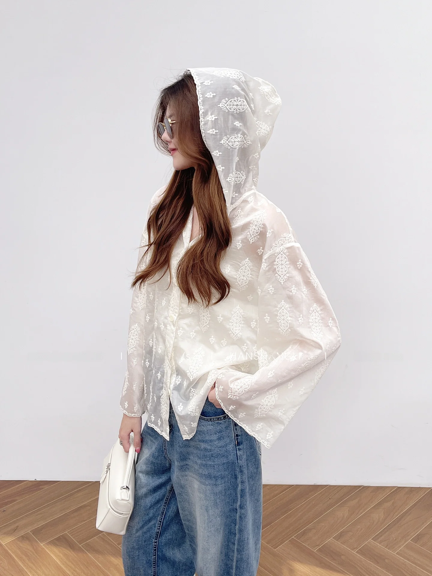 

Korean Style Long Sleeve Hat Shirt Heavy Embroidery Cotton Plant Vine Stitched Women's Loose Fit Cardigan Spring Season Thin ...