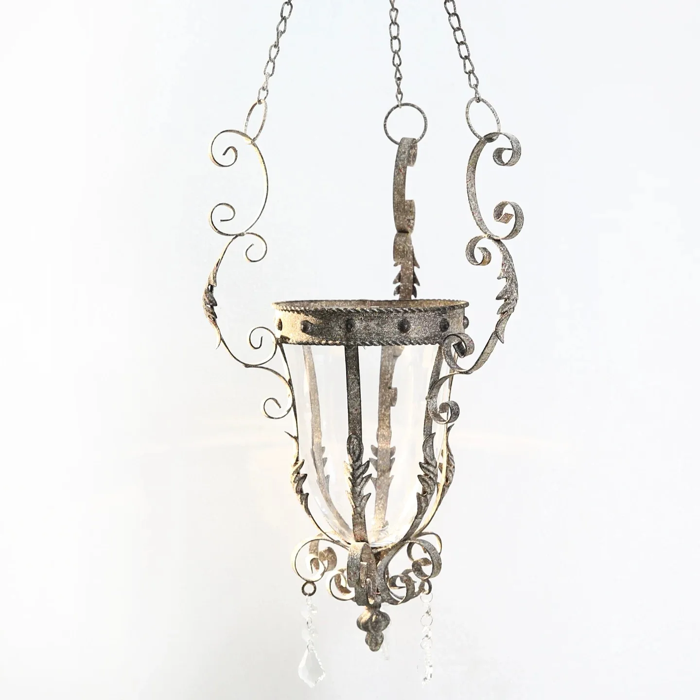 

Vintage Hanging Candle Lantern with Glass Hurricane, Distressed Metal with Scrollwork and Crystal Accents, 91cm Height
