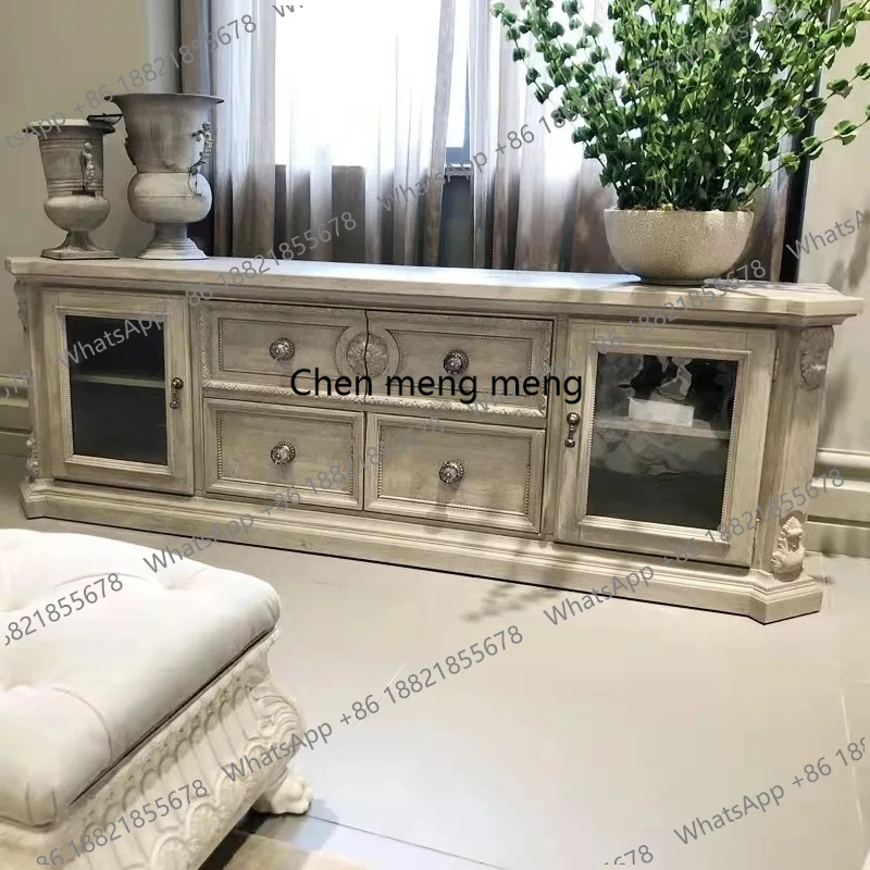 

American Style Solid Wood TV Cabinet Vintage Carved Entrance Audiovisual Cabinet European Style Living Room