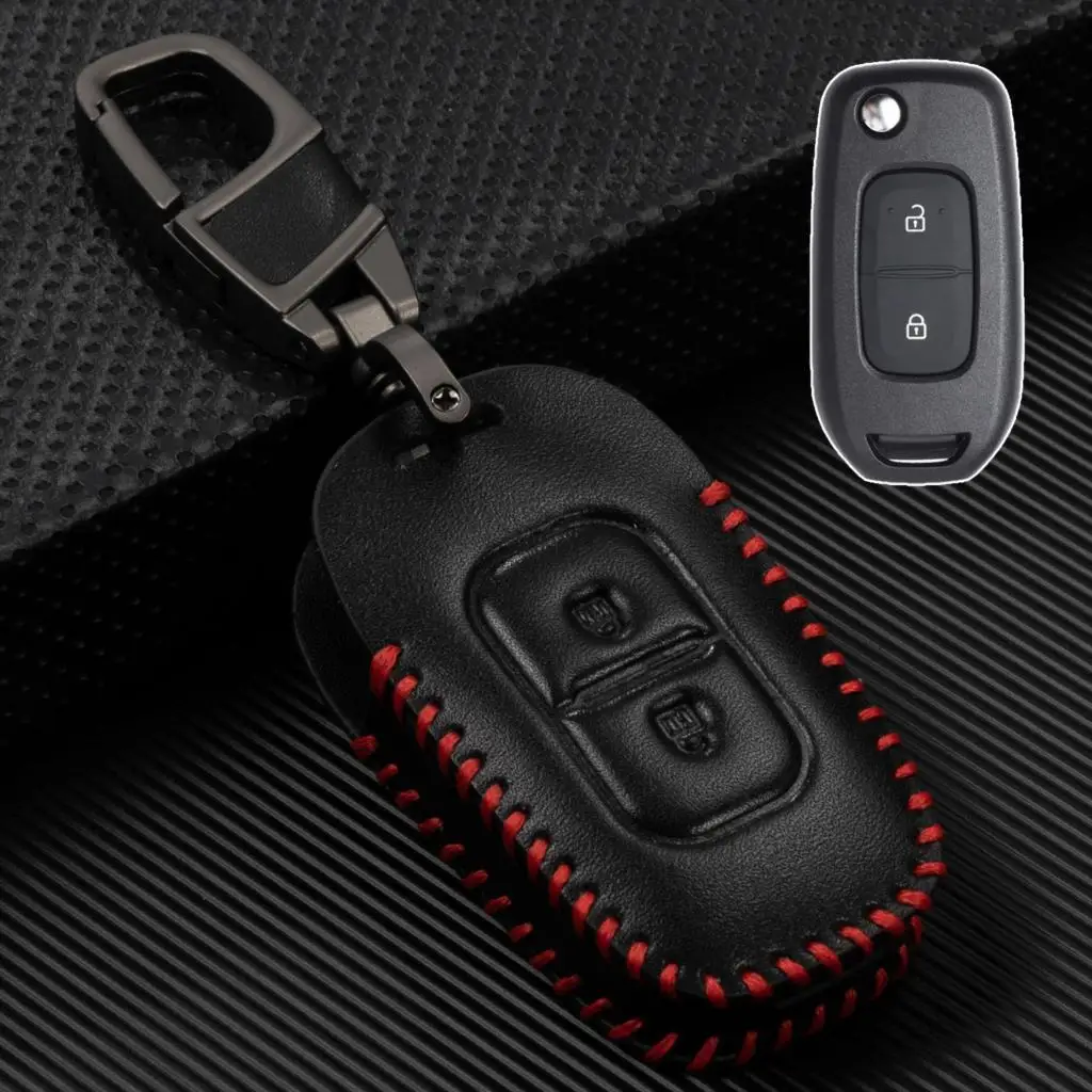 For Renault Sandero Clio Duster Dacia Symbol Trafic Kwid Captur Remote Smart Key Chain Ring Case Cover Holder Black PU Leather