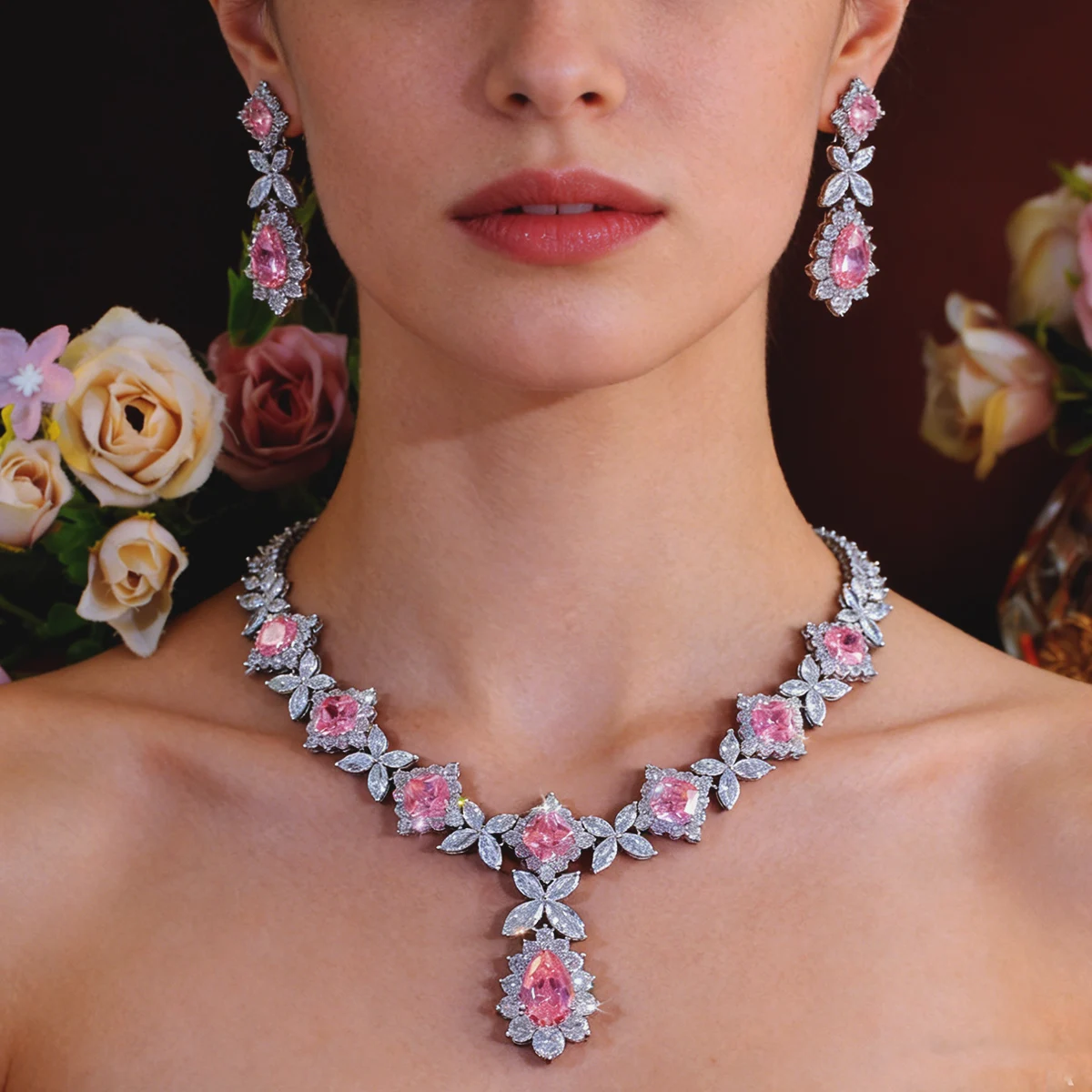 CWWZircons Super Gorgeous Flower Leaf Drop Pink Cubic Zirconia Wedding Bridal Necklace Earring Top Jewelry Sets for Women T0934