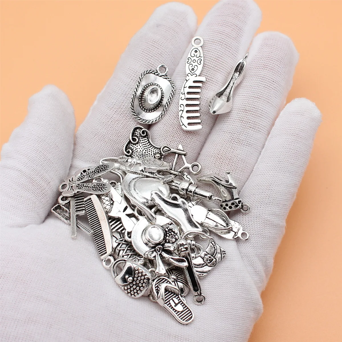 31pcs Antique Silver Color Comb Hat Shoes Bag Lipstick Perfume Charms Collection For DIY Jewelry Making, 31 Styles, 1 of Each