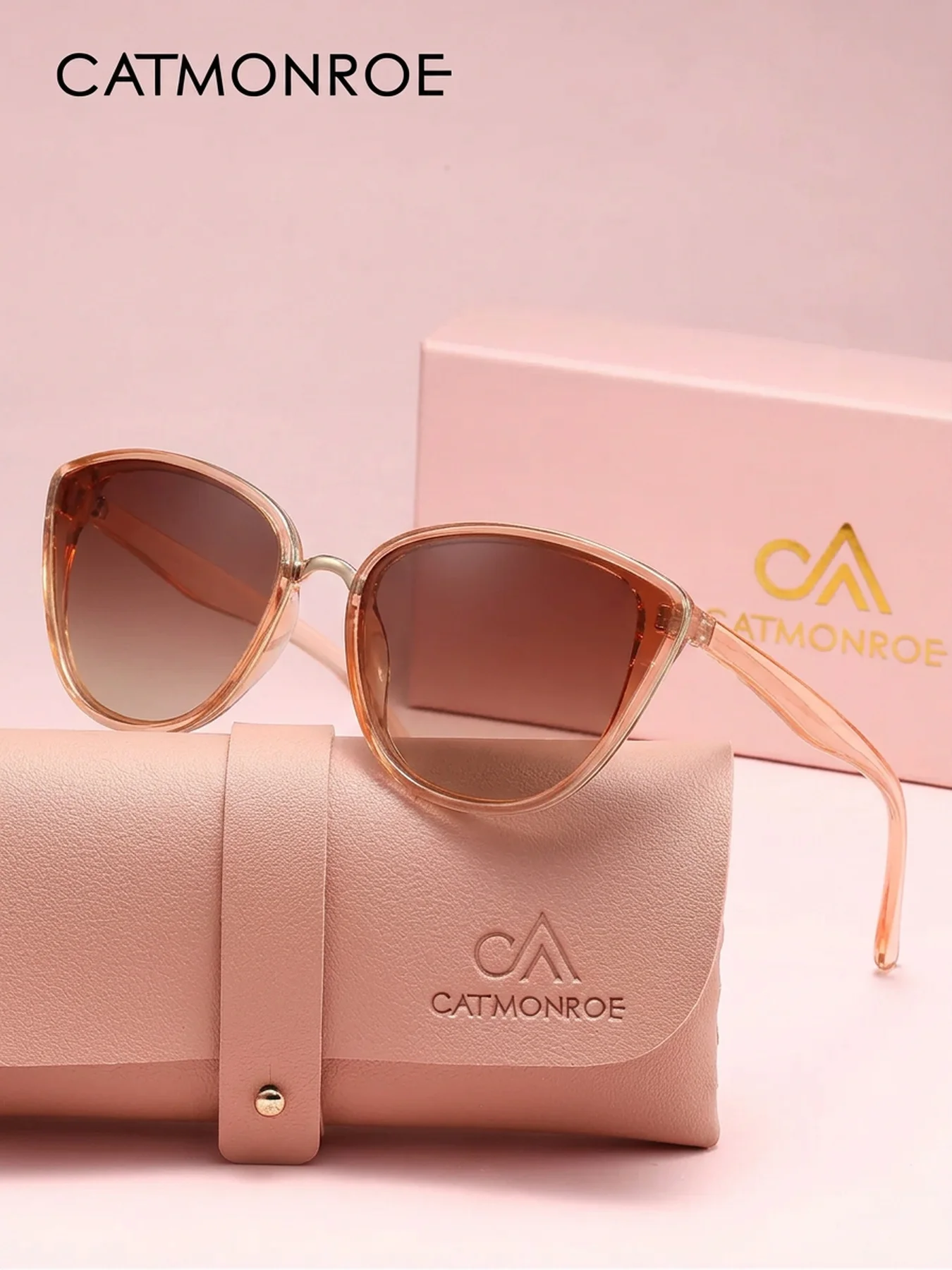 CATMONROE Polarized Cat Eye Sunglasses Women Pink Metal Rim Gradient Brown Lens UV400 Anti Glare Sun Glasses For Driving Beach