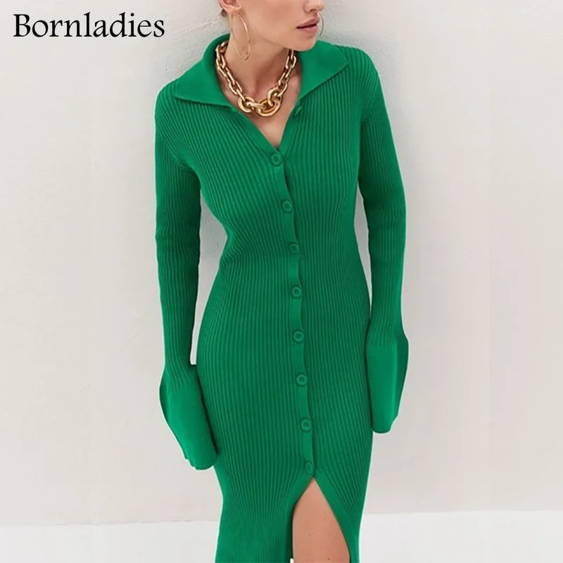 Bornladies Donna 2021 Autunno Nuovo Stile delle Donne a maniche lunghe con scollo a V Bottone lungo Manica svasata Donna Abito maglione verde