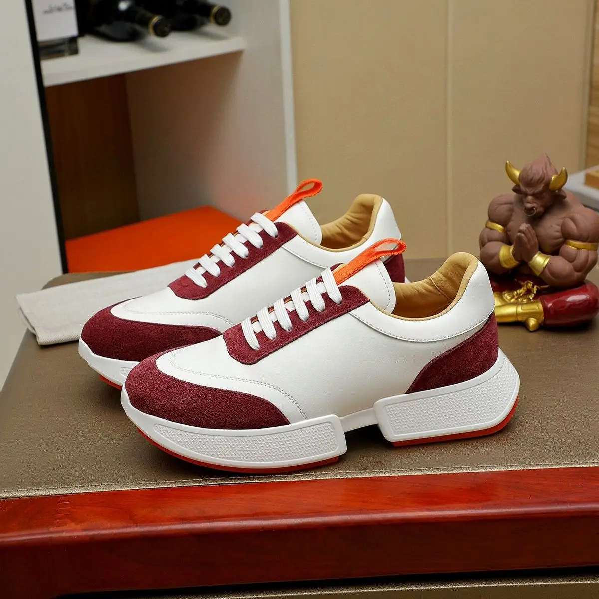 Unisex Lace-up Chunky Casual Sneakers White with Wine Red Splicing Comfort Daily Outdoor Footwear