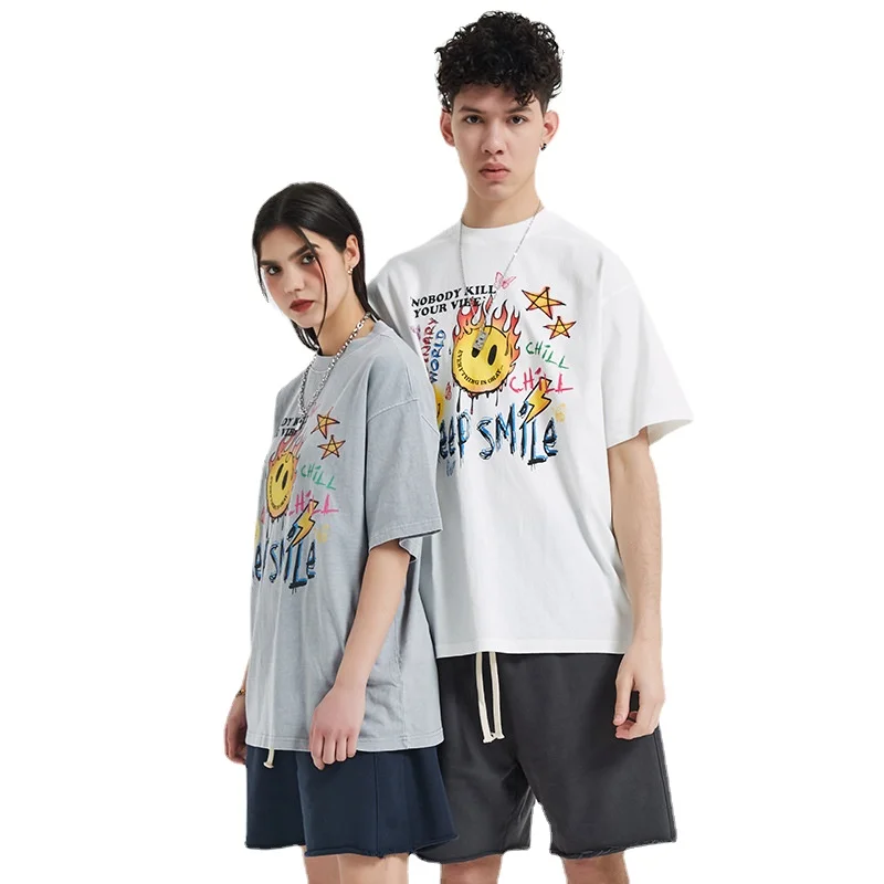 

High Street Tide Brand Men's Smiley Graffiti T-Shirt Do Old Hip Hop Cotton Half Sleeve T Brand Men's Clothes