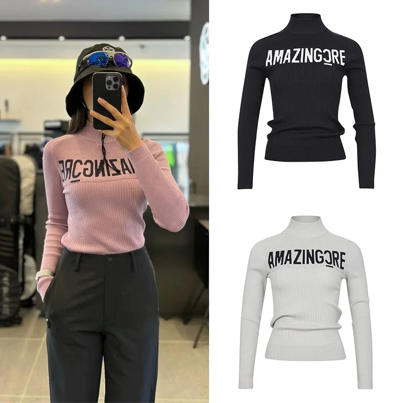 Spring And Autumn New Korean Golf Clothing Women's English Letter Printed Stand Up Collar Golf Sweater Slimming Ball Wear