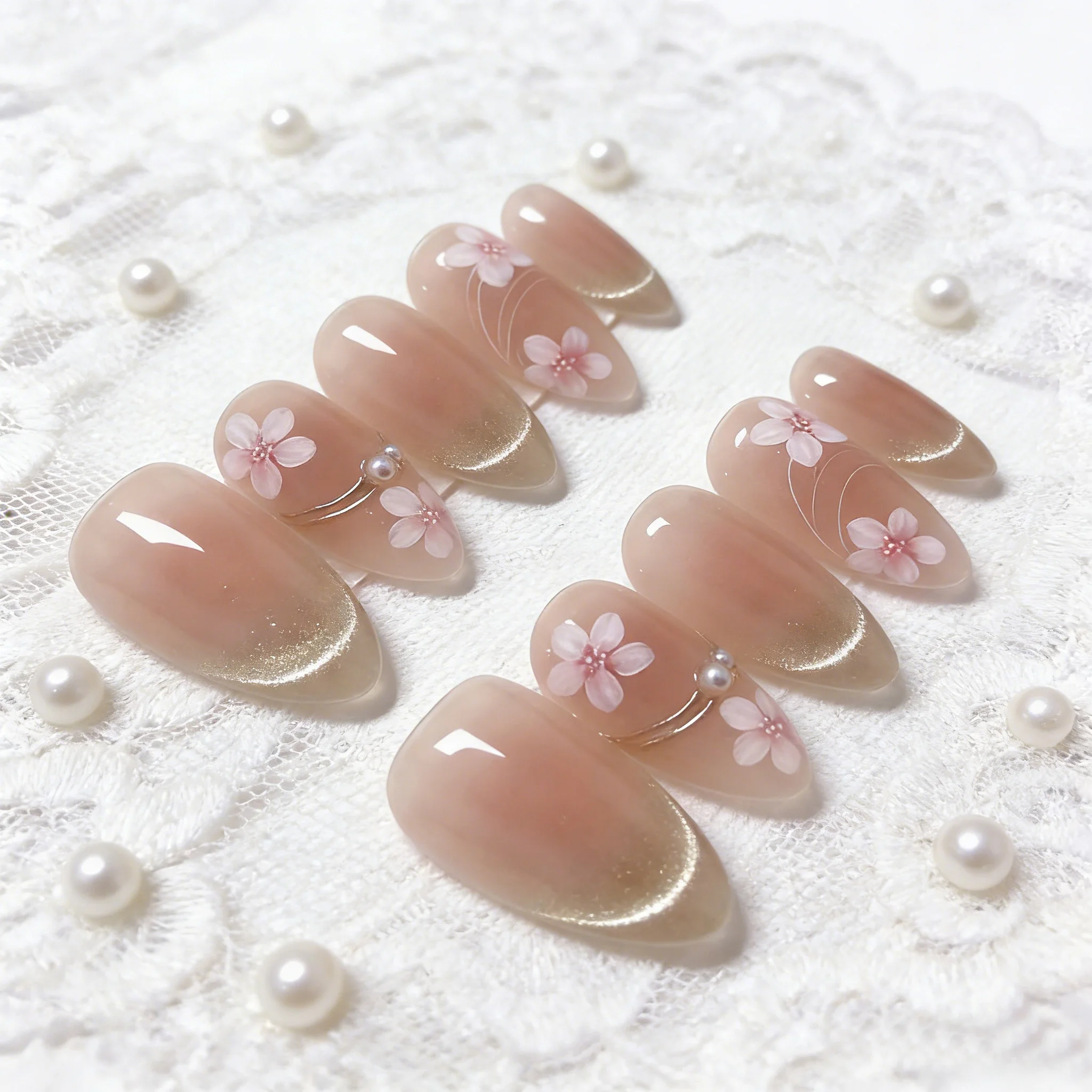 10pcs Sakura Handmade Nails French Cat Eye Floral Press on Nail Medium-Long Oval Fake Nail for Women&Girl False Nail Art
