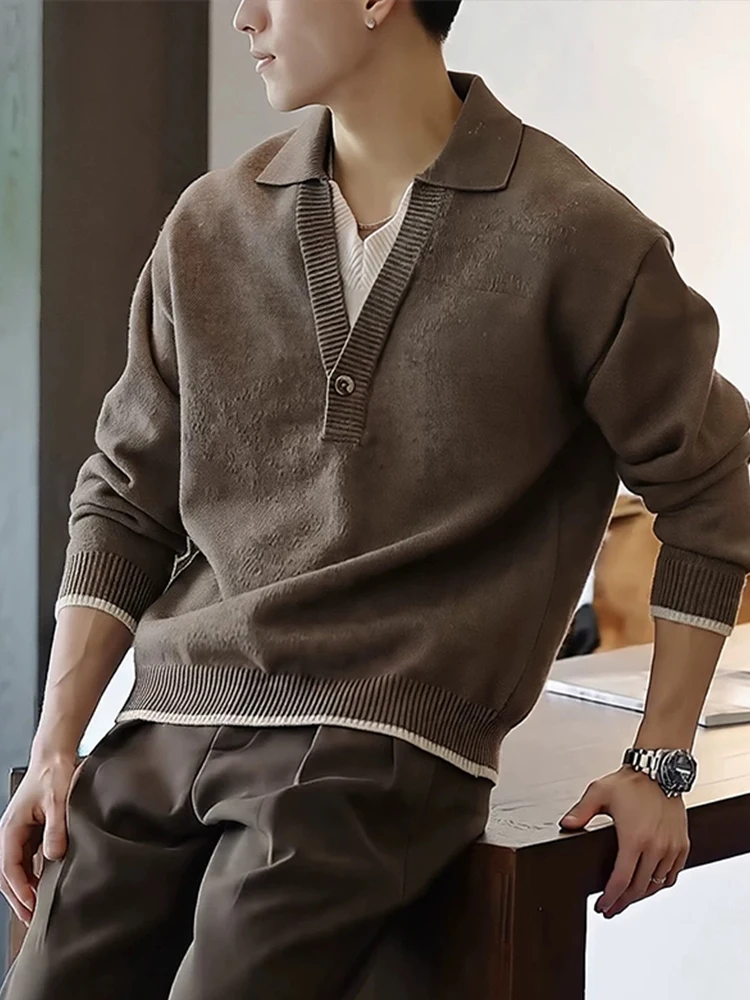 

Warm Brown Double V-Ne Sweater Men's Autumn Winter Lazy Faion Knitted irt Casual Sle Soft Material Regular Length