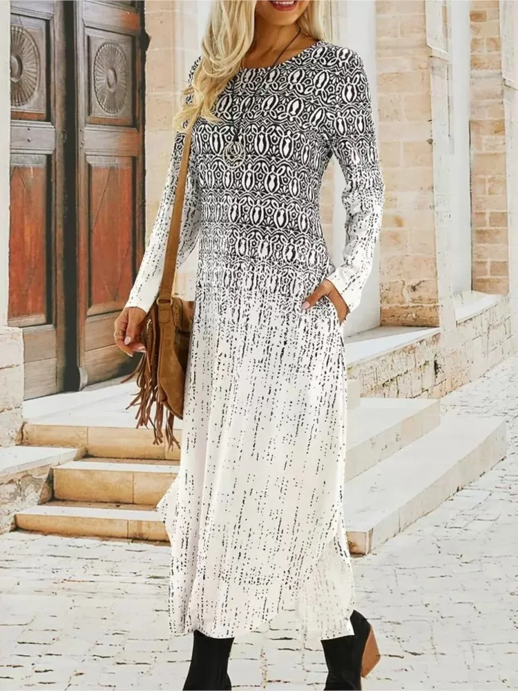 

Autumn New Fashion Long Sleeve Print Dresses For Women Casual O Neck Pockets Irregular Long Dress Vintage Female Casual Clothing