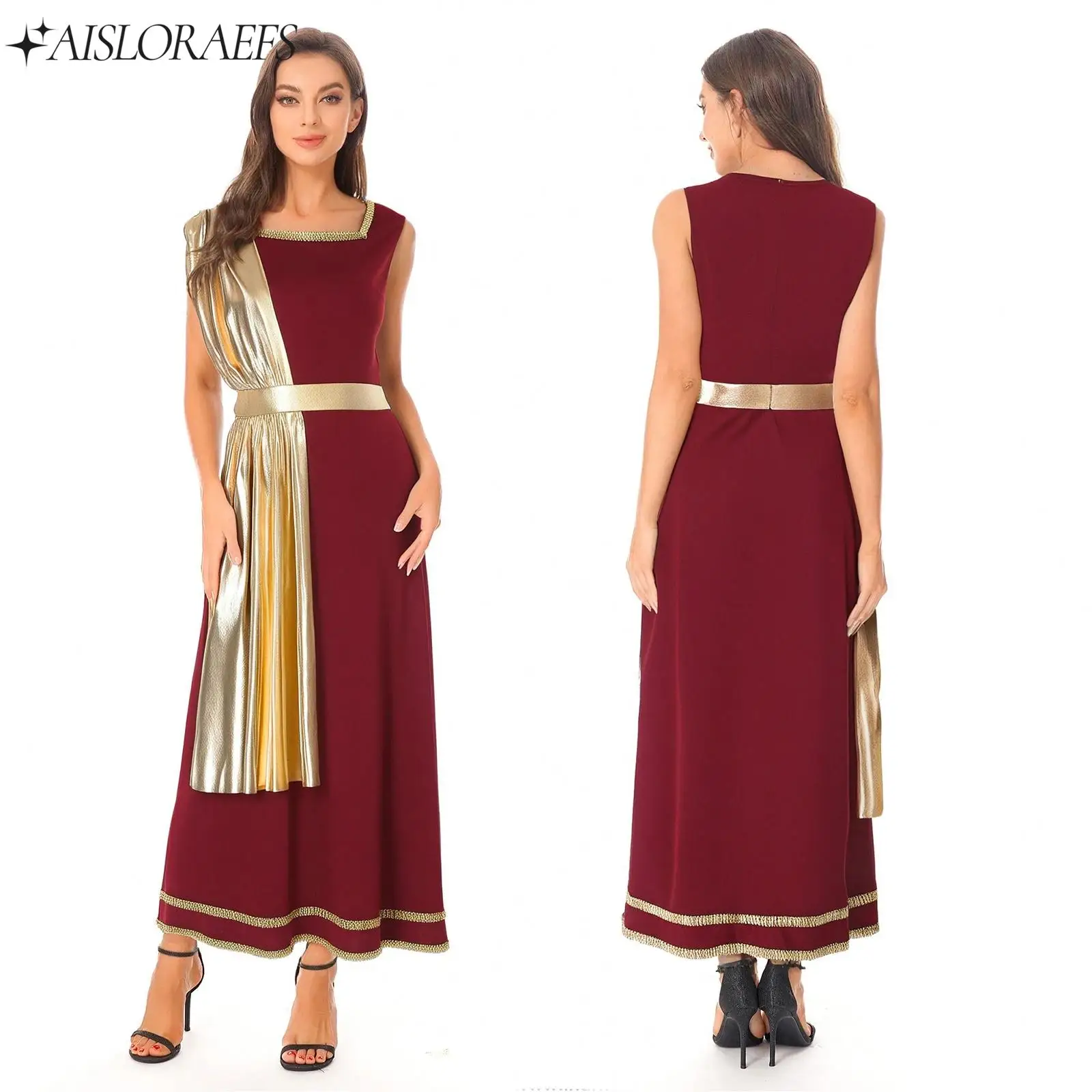 

Womens Ancient Greek Roman Tunic Dress Halloween Cosplay Costumes Sleeveless Gold Trim One-piece Metallic Shiny Drape Robe Toga
