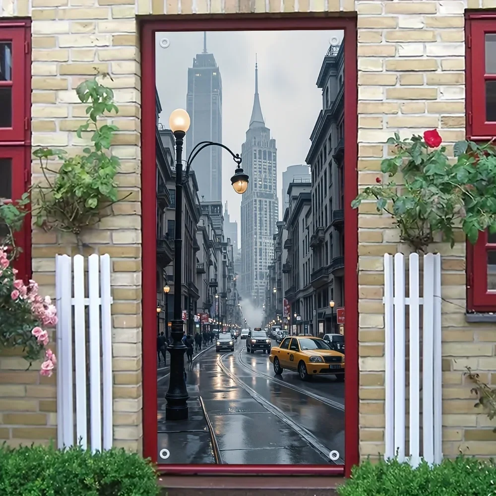 Placa de puerta 2D, 1 cubierta de puerta con escena vibrante de una calle de Nueva York, con un paraguas de señora y un taxi amarillo - poliéster