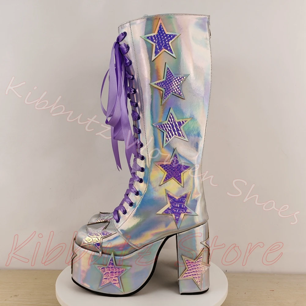 Star Patch Knee High Platform Boot Lace Up Round Toe Satin Ribbon Block Heel Rave Goth Ladies Shoes Leather Mxied Color Sexy New