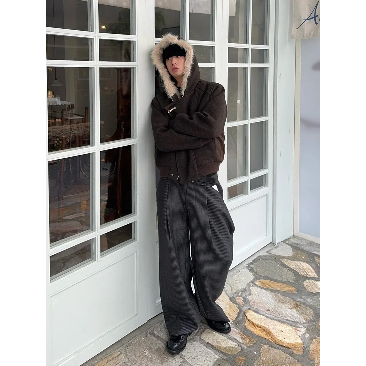 

New Style Slanted Placket Horn Button Mountain Hawk Wool Blazer Men's and Women's Winter High-End Warm Fleece Lined Hooded Coat