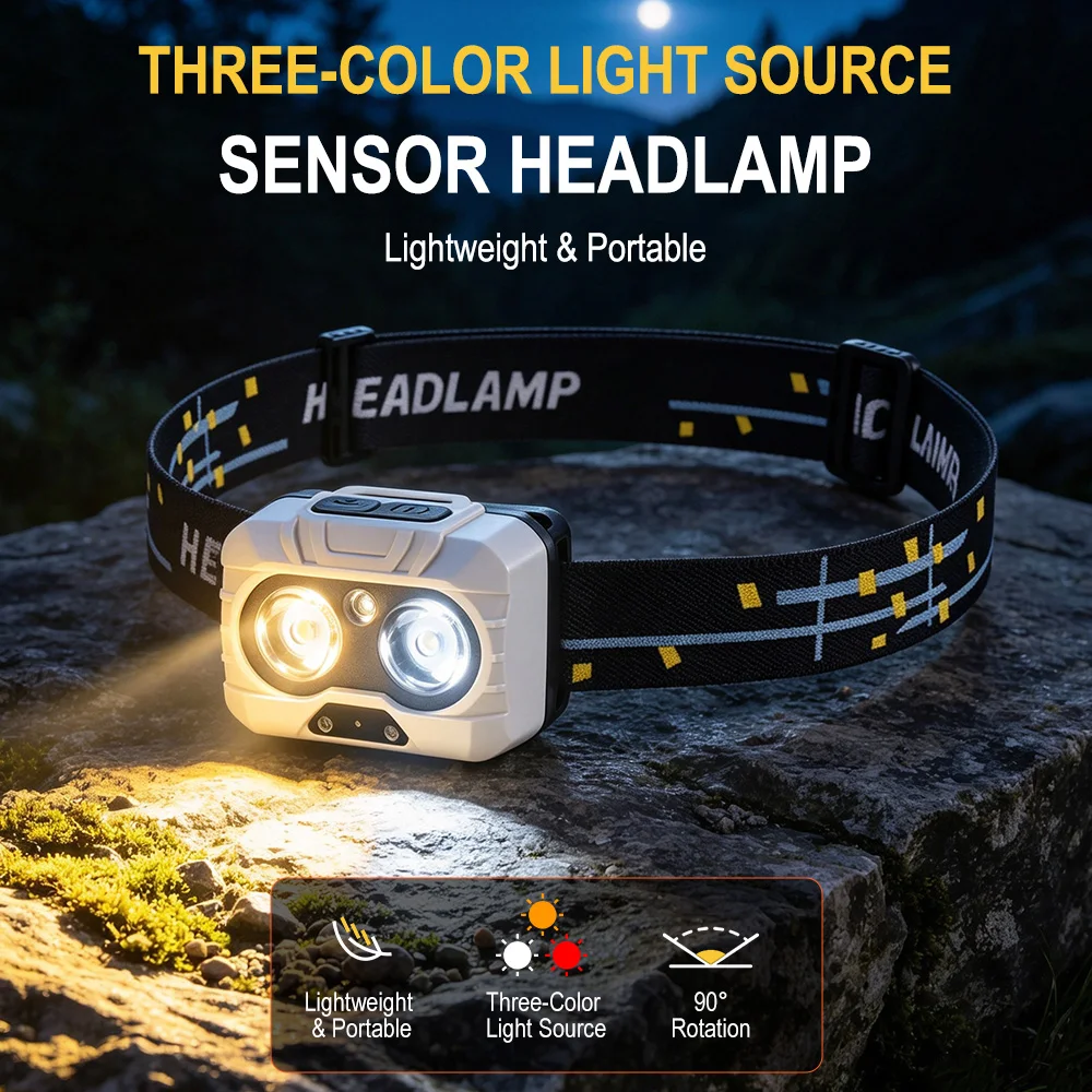 BORUiT K135 Motion Sensor Headlamp Lightweight LED Headlight AAA Battery Powered Waterproof Fishing Camping Head Flashlight