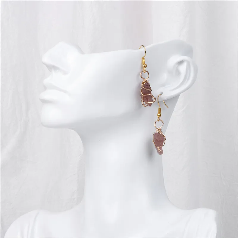 Raw Mineral Stone Rock Crystal Wrap Earrings Natural Amethysts Rose Clear White Quartz  Apatite Dangle Earring Healing Wholesale