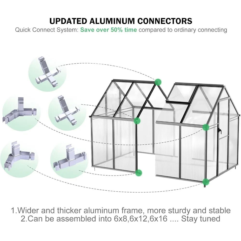 8.2x6.2 FT Greenhouse for Outdoors, Easy Assembly Aluminum Heavy Duty Polycarbonate w/Vent Window, Swing Door, for Garden