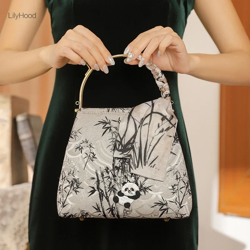 Women Vintage Panda Embroidery Cute Medium Size Handbag 2025 Retro Chic Cottagecore Aesthetic Kawaii Chinese Style Shoulder Bag