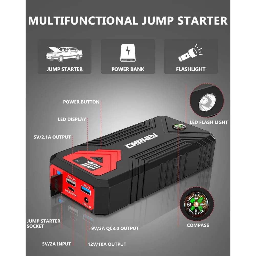3000A Jump Starter، 24000mAh بطارية السيارة Jump Starter (حتى 8.0L الغاز ومحرك الديزل 8.0L) بطارية البلوز المحمولة، 1