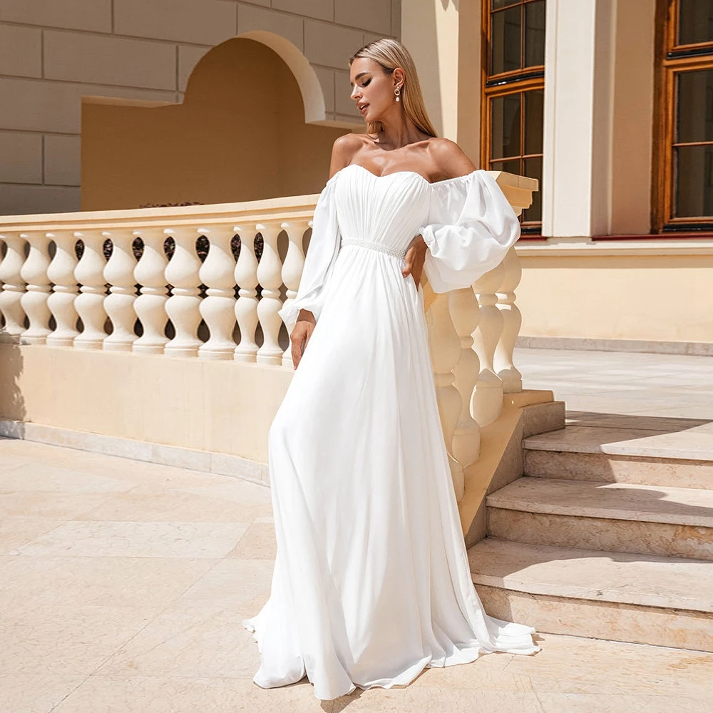 

Elegant Sweetheart Wedding Dresses with Pleat 2024 Puffy Full Sleeve Bridal Gowns for Women Chiffon Summer Vestidos De Novia