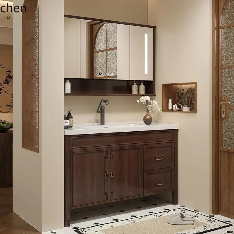 

HYS Oak Simple Modern Smart Bathroom Cabinet Mirror Cabinet Set Lacquered Solid Wood Washroom Sink Ceramic