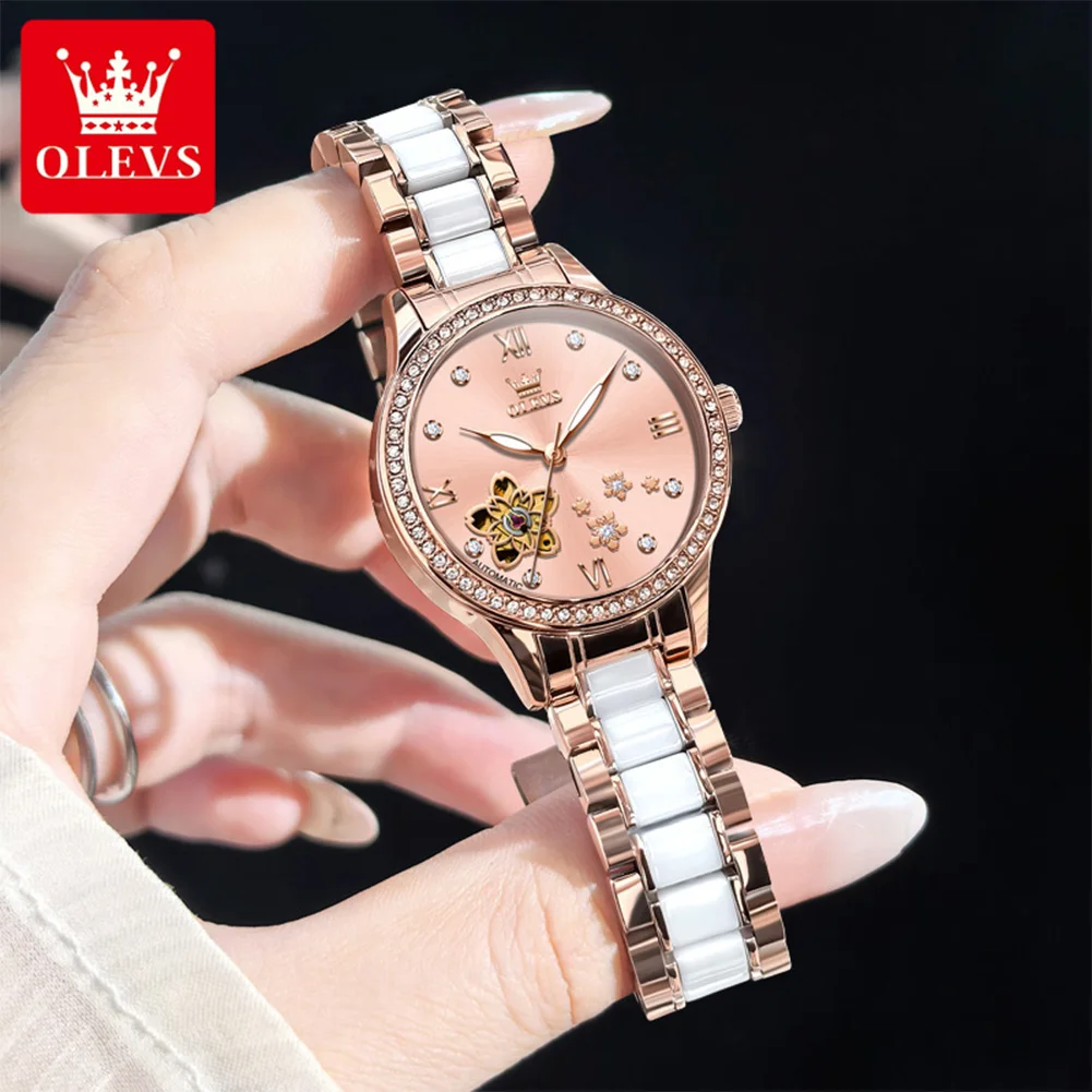 OLEVS Automatic Watches for Women Elegant Ceramics Strap Fashion Hollow Flower Diamond Dial Top Original Mechanical Watches 7074