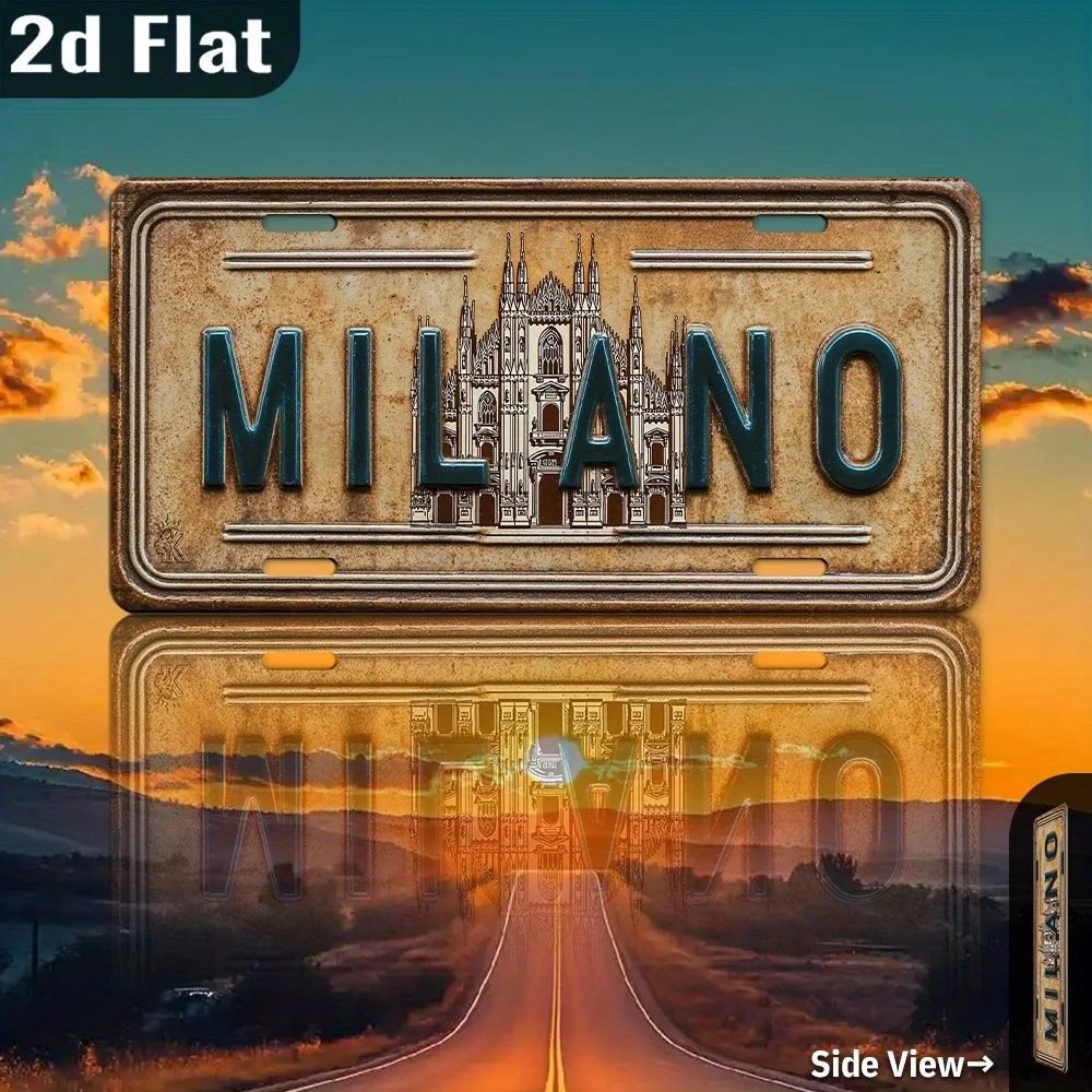 HD Tin Sign, Vintage Milano Milan Duomo Cathedral License Plate Metal Wall Art, Retro Italian Landmark Decor for Bar Man Cave, T