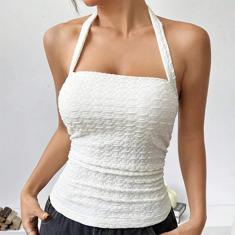 

Женская летняя майка на шнуровке с лямкой на шее, сексуальная обтягивающая майка с открытой спиной, тонкая майка без рукавов, новый повседневный простой универсальный жилет с белым низом