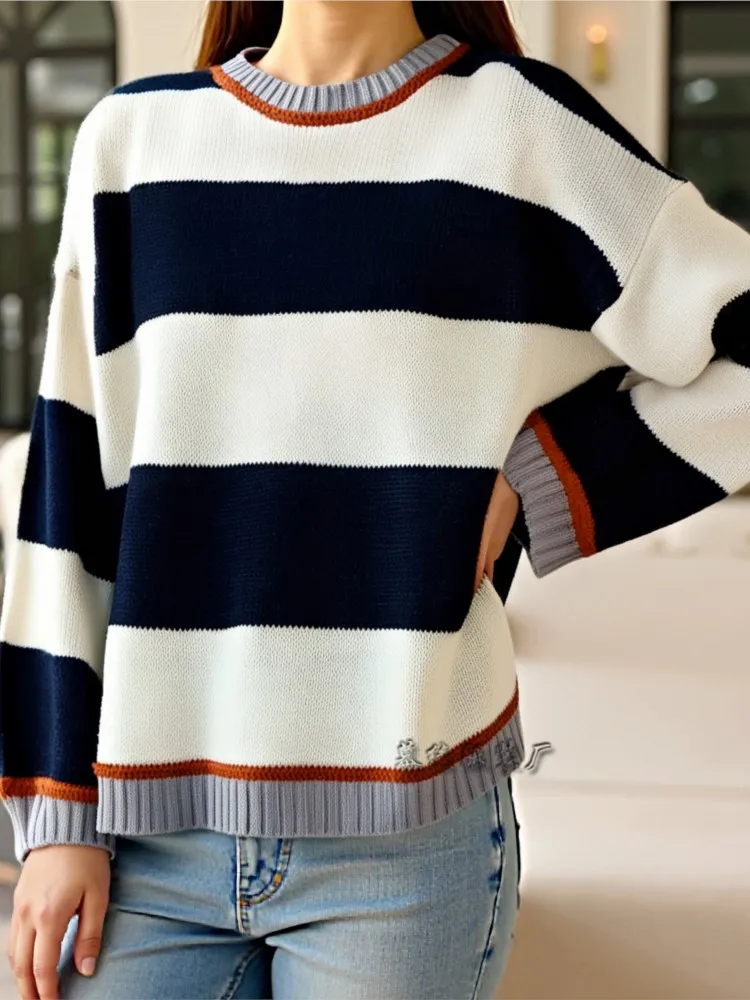 

New Autumn Winter Striped Knitted Pullovers Sweaters Women Round Neck Long Sleeve Loose Sweater Casual Office Patchwork Sweater