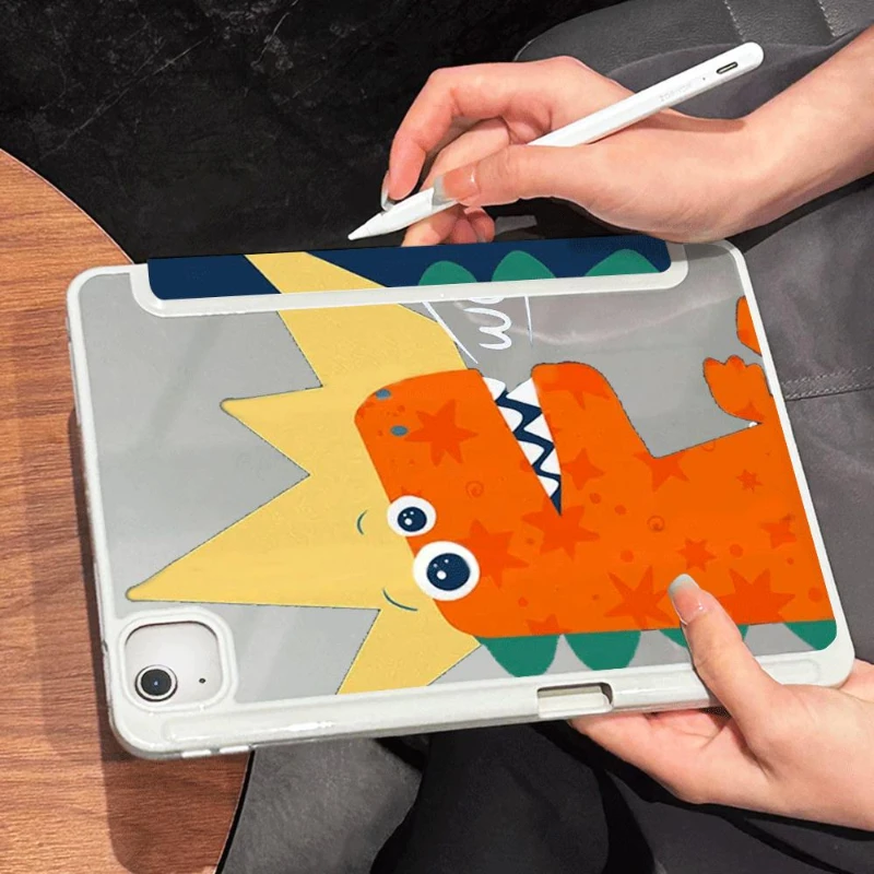 

Flip Smart Cover for Ipad 2017 10.5 Inch 2018 9.7 5/6th Ipad Mini 6th Generation 2021 IPad Pro 11 2022 Orange Cartoon Dinosaur
