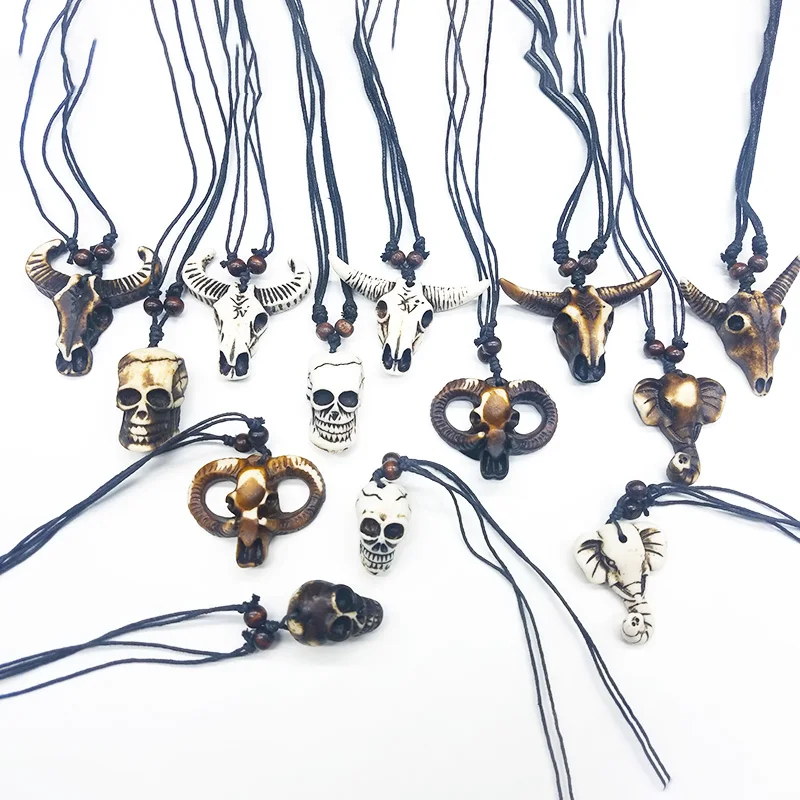 

Wholesale 12PCS Bull Head Skull Biker Pendants Necklaces Punk Vintage Retro Choker Pendant Animal Jewelry for Best Friend Gift