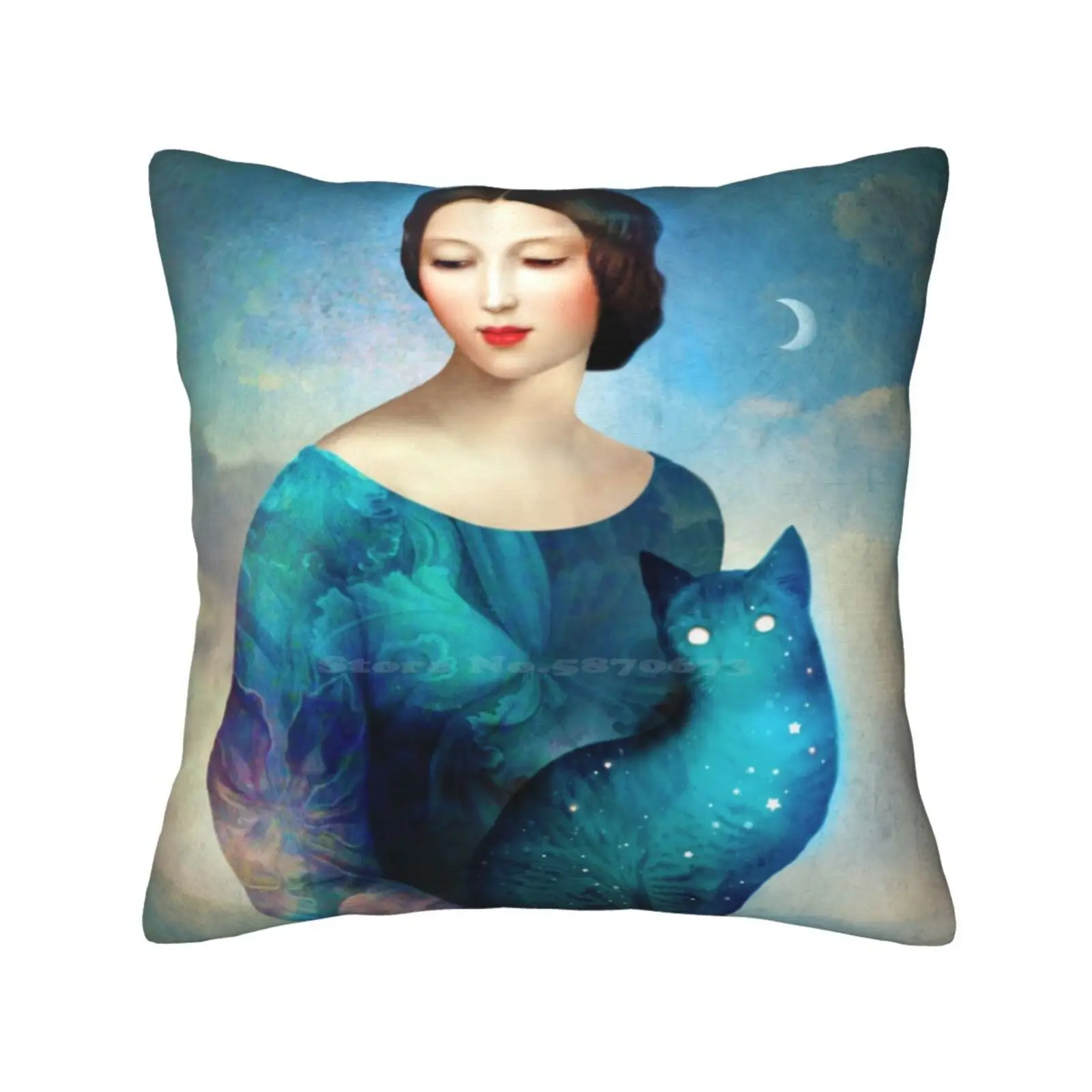 Night Cat Bedroom Office Hug Pillowcase Collage Night Portrait Woman Lady Cat Stars Moon Fantasy Dream Surreal Christian