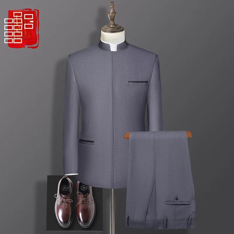 slim-fit-chinese-style-stand-collar-men's-graduation-ceremony-wedding-groomsmen-ceremony-dark-grey-traditional-costume