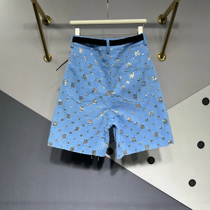 Brilhante tecido rasgado perna reta perna larga calças de comprimento médio feminino primavera verão versátil solto ajuste cinco quartos jeans