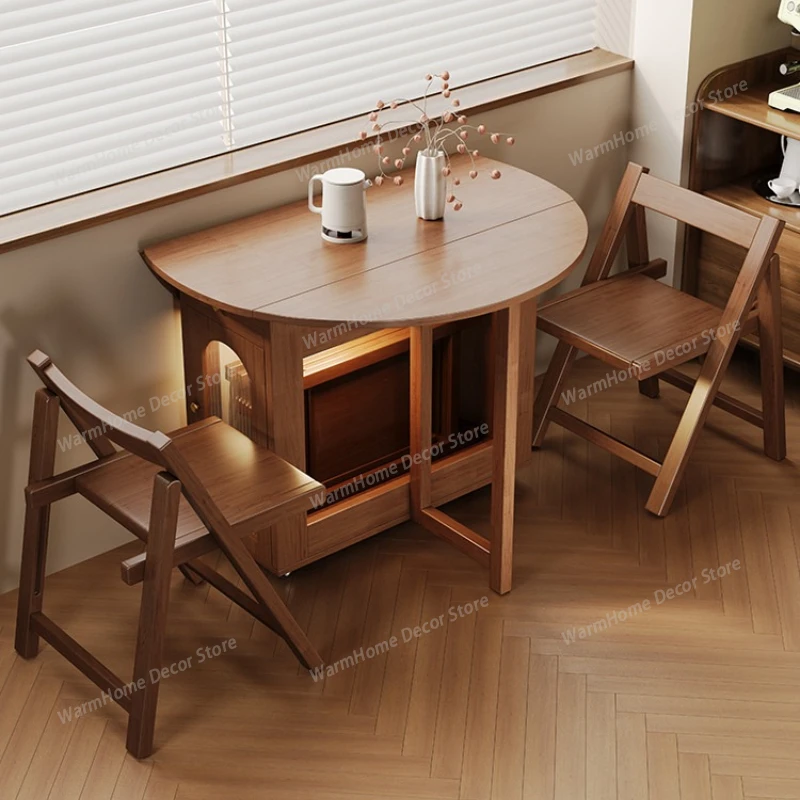 

Mid-century French Style Dining Table Round Telescopic Solid Wood Foldable Desk with Stone Top for Compact Living Furniture