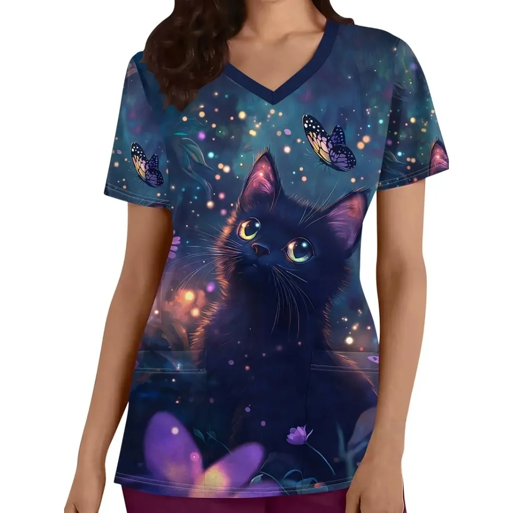 Schmetterlingsdruck, dehnbares Oberteil mit zwei Taschen, V-Ausschnitt, bequeme und funktionelle Pflege, kurzärmelige Uniform für Krankenschwestern-Damenbekleidung