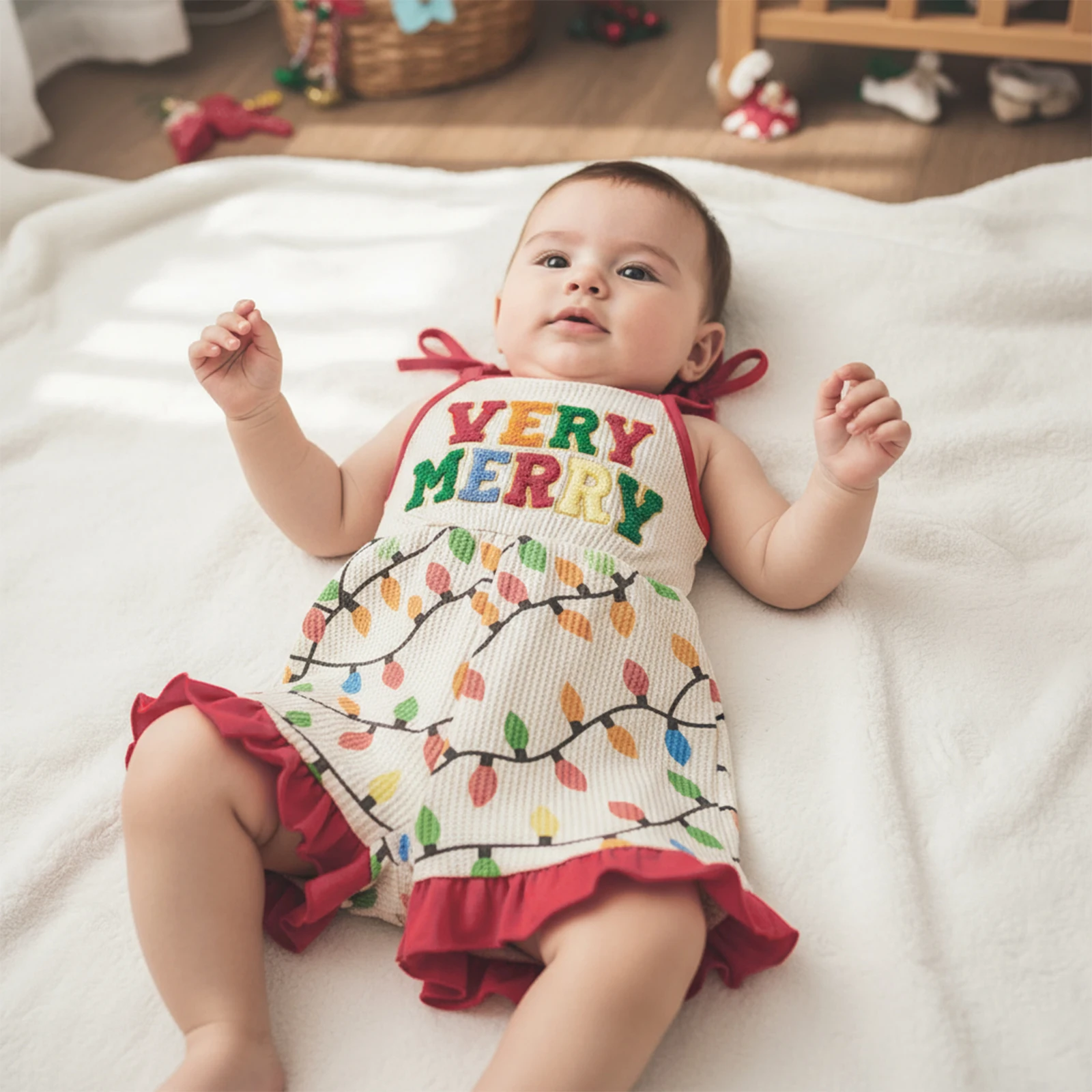 Salopette short de noël pour petites filles, lettres brodées, lumières imprimées, cravate sur les épaules, combinaison à volants